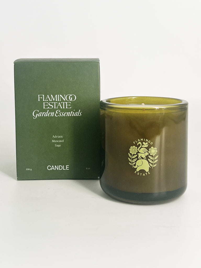 Flamingo Estate Adriatic Muscatel Sage candle, featuring 100% vegetable wax and recyclable glass container.