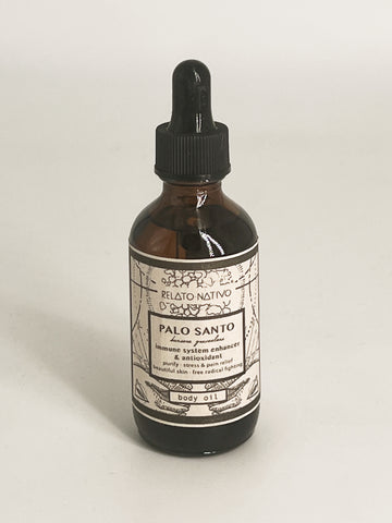 Palo Santo aromatherapy body oil bottle.