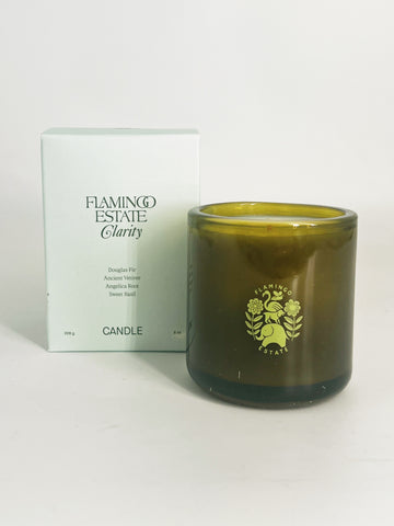 Flamingo Estate Clarity candle, featuring 100% vegetable wax and recyclable glass container.