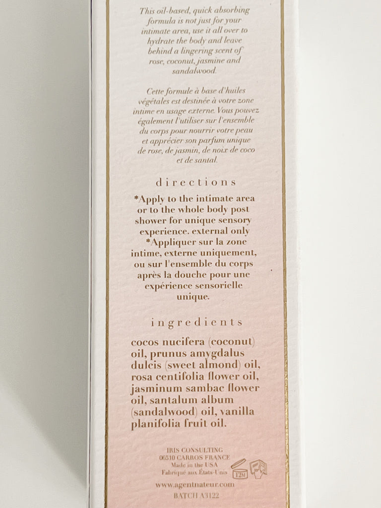 Agent Nateur Holi(Sex) intimate oil, box back side.