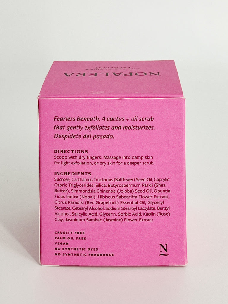 Hibiscus Cactus Flower Exfoliant, a three-in-one cleanser, exfoliant, and moisturizer. Box back side.