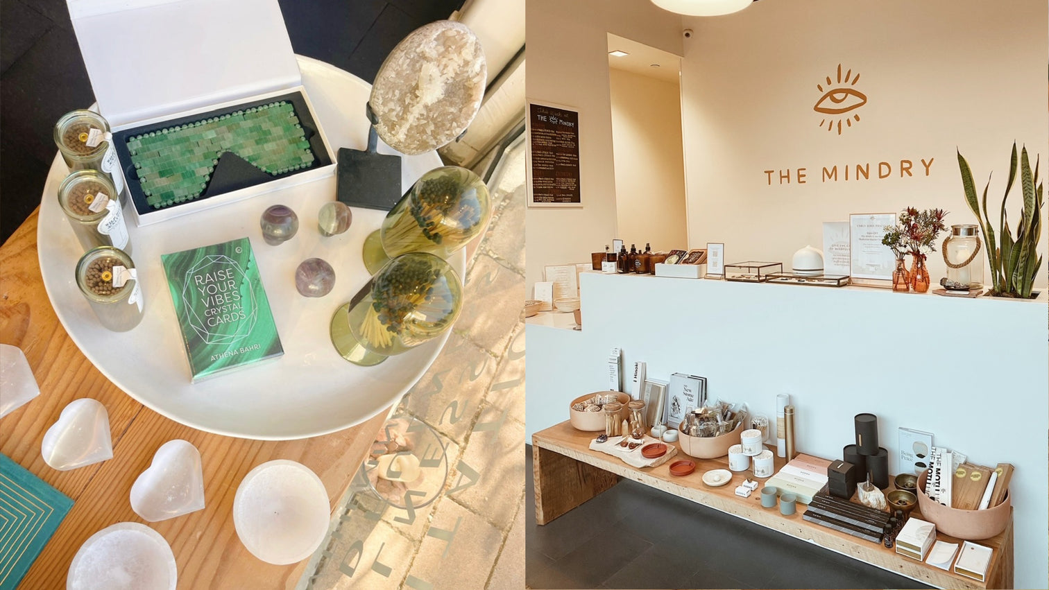 Crystal singing bowls arranged on a low table beside the shop counter under The Mindry's wall sign