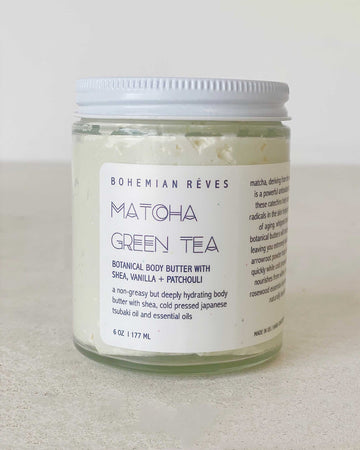 Bohemian Reves' Matcha Green Tea botanical body butter with shea vanilla + patchouli.
